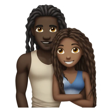 darkskin male with long dreads and blue eyes hugging a light brownskin woman with long dark brown hair and a nice smile sticker