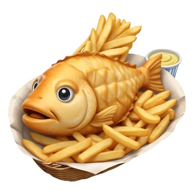 Cinematic Realistic Fish and Chips Dish Emoji, depicted with crispy golden battered fish and chunky hand‚Äêcut chips served in traditional newspaper wrapping, rendered with mouth‚Äêwatering texture and warm natural lighting that captures its quintessential British charm. sticker