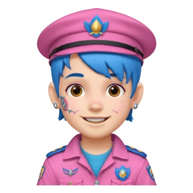 scout boy with very pink scout uniform, blue haired and hat, heavy face tattoed sticker