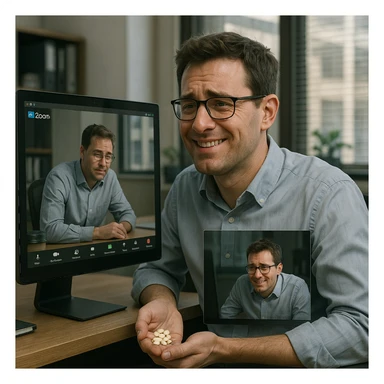 Man in his mid-30s on a work Zoom call, pretending to smile, hidden hand clutching caffeine pills under the desk, screen reflection shows collapsed posture while virtual avatar is upright and energetic, hyperrealistic 4K, office environment, subtle tension sticker
