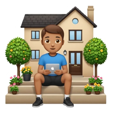 a home which has garden like and the home has slack emoji, where on the house steps, a blob chratcter holding black mac should sit and should look like wiork sticker