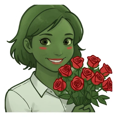 male memoji, handsome man in white shirt, holding a big bouquet of red roses, gentle smile, soft romantic eyes sticker