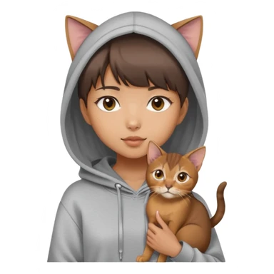 a asian girl with short brown hair and bangs holding an Abyssinian cat， wearing grey hoodie sticker
