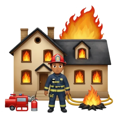 sad man standing with a house on fire behind him, firefighters trying to put out the fire, apple style emoji sticker