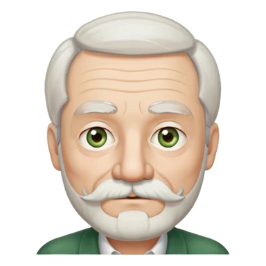 80-year old man with medium white beard and mustache, salt-and-pepper unconnected eyebrows, and green-brown eyes. White, shoulder-length hair parted in the middle. Ears are long and close to his head sticker