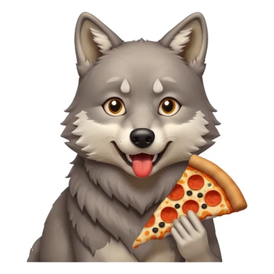 a sitting surprised grey wolf eating a piece of pizza emoji sticker