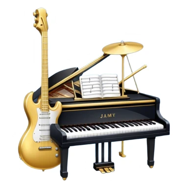 Create an elegant and artistic emoji that represents music arrangement and orchestration. The design should feature musical notes, a set of piano keys, a drum set, and an electric guitar to symbolize the diverse elements of orchestration and arrangement. Include a conductor's baton to emphasize the role of a conductor in bringing all the instruments together. Use a mix of rich colors like gold, silver, and deep blue for sophistication, and add flowing lines to represent the harmony between different instruments. The background should be transparent. sticker