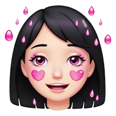 black hair girl crying with pink glitter tears, smiling, emoji style sticker