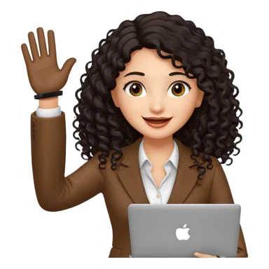 medium deep tan brown business woman with long black curly hair, waving hand with happy face and holding a laptop sticker