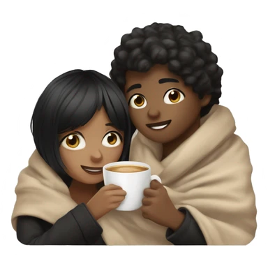 BROWN SKIN BOY, with BLACK SHORT HAIR and a TAN SKIN GIRL, with BLACK HAIR and BANGS, inside a blanket sipping coffee sticker