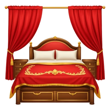 bed with red and gold sheets, wooden, red courtains sticker