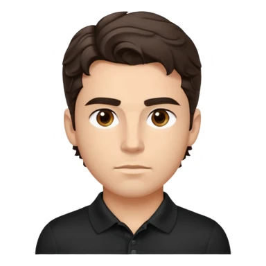 He’s a man with light to medium skin, a defined oval face, full brows, deep-set eyes, and wavy short dark brown tall hair styled with height, sides are trimmed. muscular. expression calm and focused relaxed black polo shirt. polished, articulate, and coach vibe. tall hair.  sticker