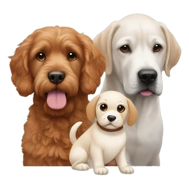 A red goldendoodle next to a white Labrador, next to a brown and gray puggle  sticker