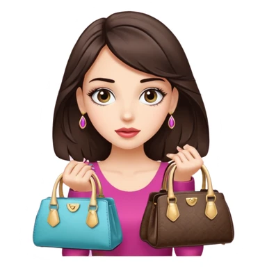 Glam brunette girl with eyelashes and fa looking left and right between two purses, playful puzzled expression — can’t decide between two options sticker
