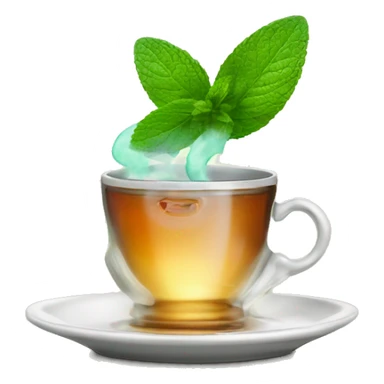 A cup of tea, a mint leaf on a platter. There's steam coming out of the cup. sticker