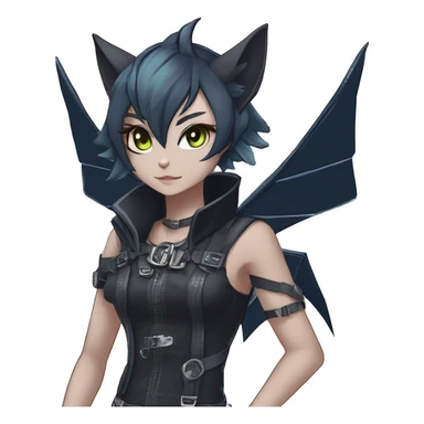 cool kawaii anime edgy distinguished pretty elegant beautiful fantasy black ethereal nargacuga-Noivern-sphynx-Quiana-Fakemon collar techwear harness belt pouches full body sticker
