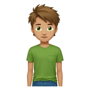 A 14 yerar old teenage boy, slightly tanned, wearing a green tshirt (no pocket), blue jeans and green sneakers with brown tousled hair, smirking sticker