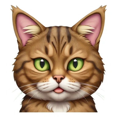 Cinematic Meme-Worthy Grumpy Brown Tabby Cat Portrait Emoji, Head held high but eyes filled with dramatic disappointment, fluffy brown fur with striking tabby markings, signature M-shaped forehead furrowed into an unmistakable scowl, large ears slightly angled back in disapproval, piercing golden-green eyes glaring with pure exasperation, Simplified yet hilariously over-exaggerated features, highly detailed, glowing with an aura of supreme annoyance, high shine, exhausted yet judgmental, stylized with an almost regal pettiness, bright but brooding, soft glowing outline, capturing the essence of a feline that has seen it all and is thoroughly unimpressed, so meme-worthy it feels like it could instantly become the next viral sensation of grumpiness! sticker