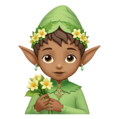 Tiny elf baby brown skin with pointy ears and hat, pastel green outfit, hold flowers sticker