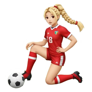 Chica de pelo rubio tirada en el suelo boca abajo agarrando un balón DE RUGBY con las manos vestida con una equipación de color rojo y blanco con líneas y con unas botas de tacos de fútbol, con un bucal en la boca y el pelo con trenzas, se la tienen que ver las 2 piernas  sticker