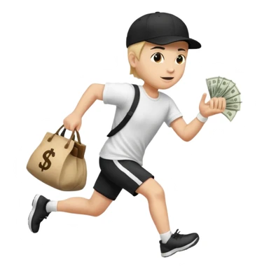 Thief with black cap white t-shirt with black Stripes emoji runing with money bag sticker