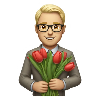 A white man with glasses holding a bouquet of tulips sticker