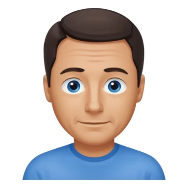 Middle aged man with tanned skin, receding dark hair and no beard, blue eyes, shy smile sticker