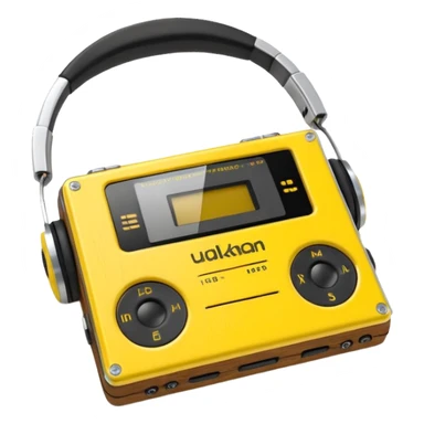 3D render of Walkman, vintage 1980s audio equipment aesthetic, tactile analog buttons, bright sports yellow plastic case with black foam headphones, mixed wood grain and brushed aluminum textures, Apple emoji style, isolated on white background --v 6.0 sticker