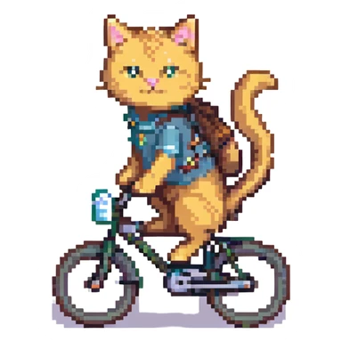 cat riding a bike with blonde hair, pixel art style sticker