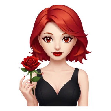 a beautiful woman with red hair and red eyes. The woman wear a black little cutted dress. She have red lipstick and she have a seductive look and smile. She have a rose flower in her hair sticker