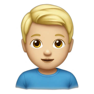 A baby with blond hair and a blue T-shirt sticker