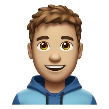 A digital 3D emoji-like face with brown hair, a small mole under the right eye, wearing white earbuds, and smiling. The character is wearing a dark blue hoodie and a black Nike crossbody bag. The background is a gradient light blue. sticker