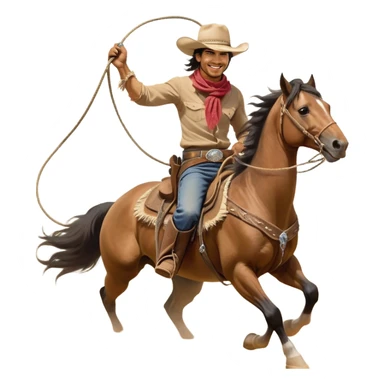 clash-of-clans-aesthetic_-cinematic-playful-cowboy-portrait-emoji, head-tilted with a roguish, cheeky grin and twinkling eyes, featuring a wide-brimmed cowboy hat and a weathered bandana on tan skin, riding a powerful galloping horse with dynamic flowing mane, reins gripped firmly in one hand and a lasso in the other, as dust swirls behind them in a vast desert landscape. sticker