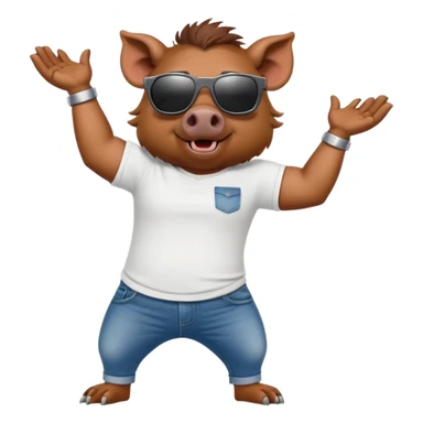 friendly anthropomorphised boar in jeans and a t-shirt, wearing dark sunglasses, stretching pose sticker