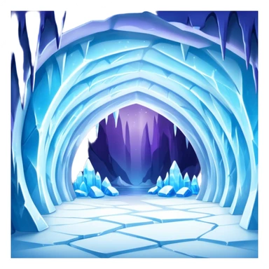 A breathtaking ice cave glowing with blue light, featuring smooth, curved walls made entirely of translucent ice. The interior reflects shimmering shades of blue and purple, with natural light filtering through the frozen surface. Realistic detail, cinematic lighting. sticker