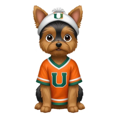 A sitting Yorkie with a Miami hurricanes jersey sticker