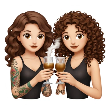 vial cheers — long wavy brown hair tattooed woman and short tight curly brown hair woman — clink potions sticker