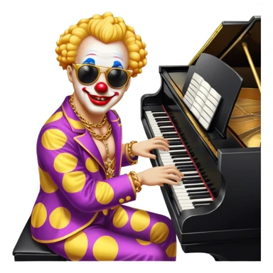 Clown with big golden chain on the neck wearing sunglasses plays piano full height sticker