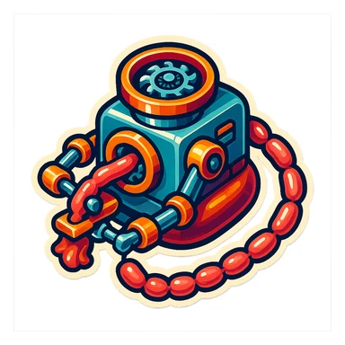 sausage-processing droid. retro-futuristic style. top is a circular industrial hole rotating gears and blades. Two robotic arms feed material into grinder. Sausage links extrude from the rear like  factory. The body is metallic, compact, and floats above the ground.no legs. Dark humor sticker