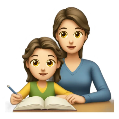 A girl studying with her mom staring at her sticker