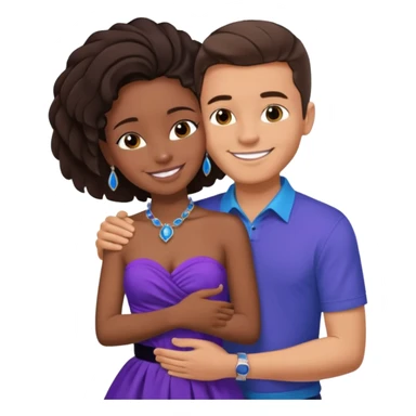 Tan brunette European male in blue shirt smiling and hugging a jet black African girl in purple strapless dress and blue jewelry sticker