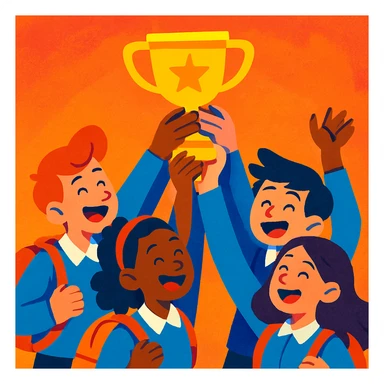 four students in a warm atmosphere lifting a trophy, expressive illustration style, vivid colors sticker