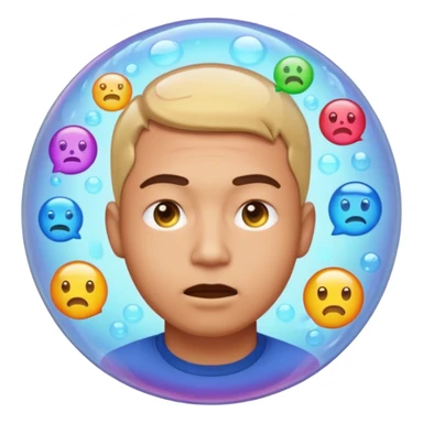 Realistic emoji-style man trapped inside a glowing filter bubble. The bubble contains identical social media icons and repeating content symbols. Outside the bubble are colorful diverse icons he cannot see. The man looks comfortable but unaware, expressing narrow perspective. sticker