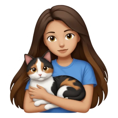 Brunette woman with long hair wearing a tshirt affectionately snuggling black brown and white calico cat sticker