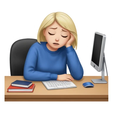 A woman wearing a jumper experiencing burnout, exhausted and overwhelmed, tired eyes, slumped posture, sitting at a desk, iOS emoji style sticker
