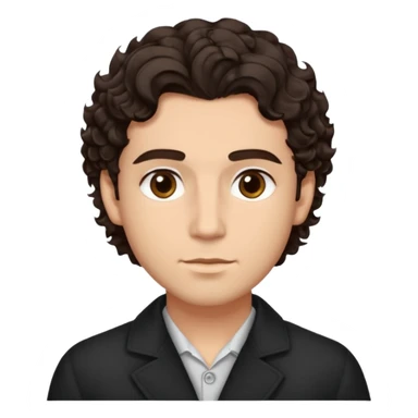 He’s a man with light to medium skin, a defined oval face, full brows, deep-set eyes, and wavy to curly dark brown hair styled with height, sides are trimmed. expression calm and focused relaxed black open-collar .polished, articulate, and trainer vibe. sticker