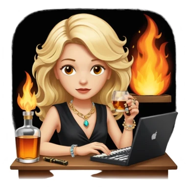 A sketchnote illustration rendered in a strong moody style, featuring a blonde woman with cascading gorgeous hair, a keyboard, a whiskey bottle, a key, a jewelry box, and fire elements against a black background. The lighting is low with low contrast, emphasizing dramatic shadows. sticker