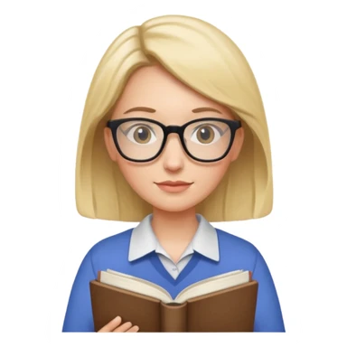 female English teacher with glasses and wearing a shirt, holding an English book sticker