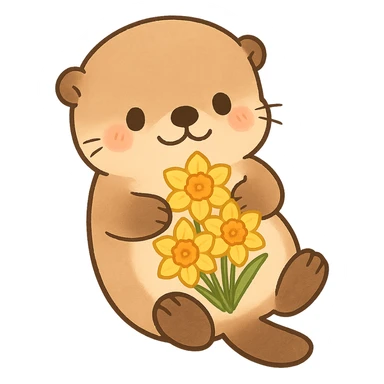 Sea otter with daffodils on its belly, cartoon style, Q version sticker style, simple and cute sticker
