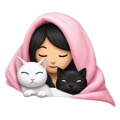 White girl with black hair sleeping with white cat under a pink blanket sticker